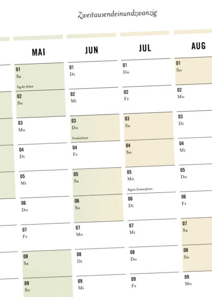 Kalender in den Farben der vier Jahreszeiten